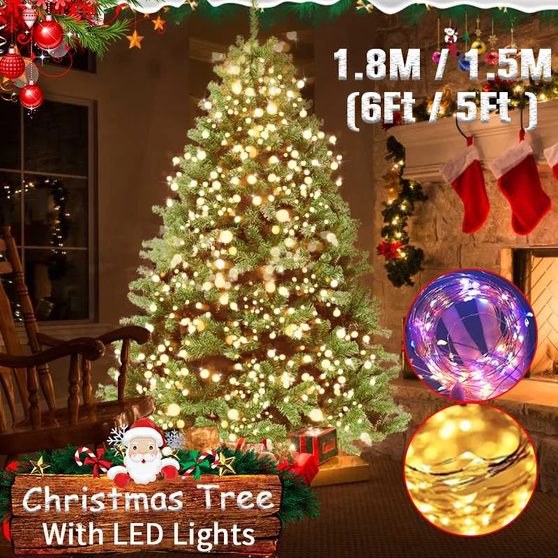 

180cm 6ft Artificial Christmas tree with led lights fiber optic Metal Stand For Home Christmas Holiday Festive Decoration