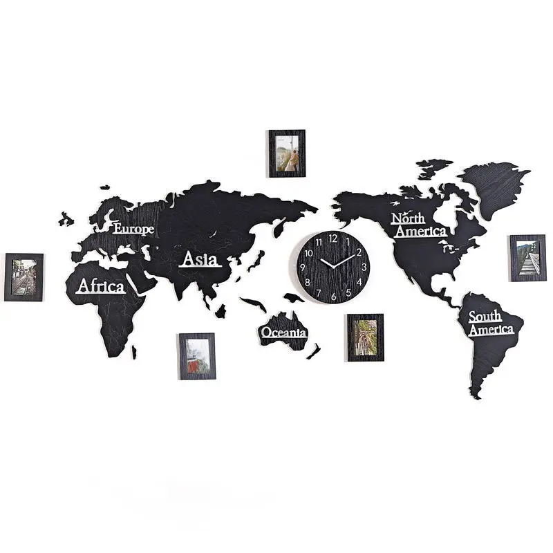 Новые деревянные цифровые настенные часы «сделай сам» 3D Карта мира с 3 шт. фоторамка для гостиной Декоративная Настенная картина большого размера Часы 130 см* 60 см