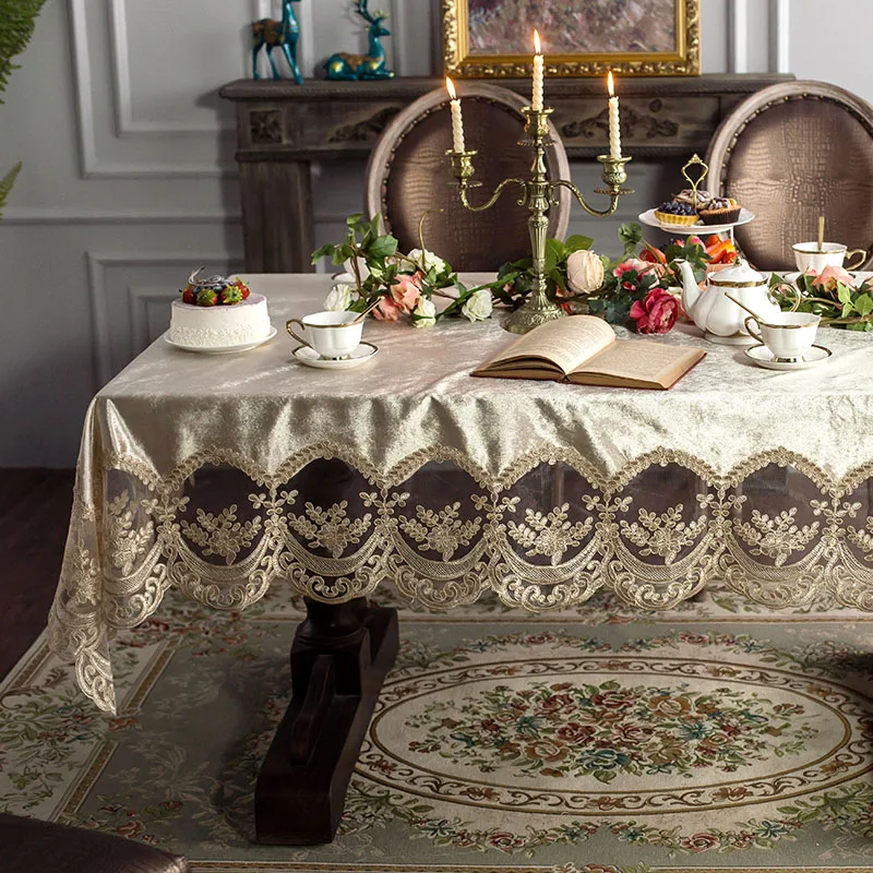  High grade European lace table tablecloth fabric rectangular dining table cover champagne coffee No
