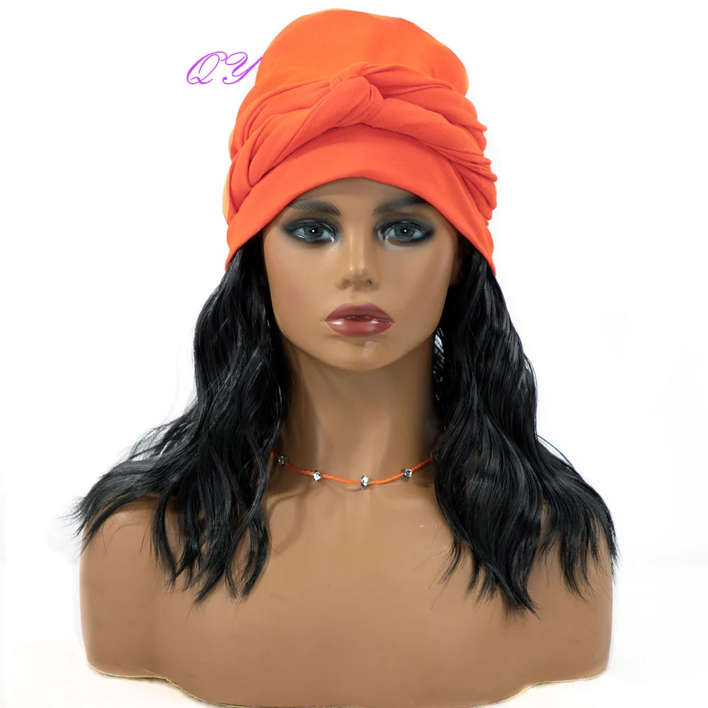 

Synthetic Headband Wig Orange Turban Hat Link Black Curly Hair Wigs For Women Daily Use