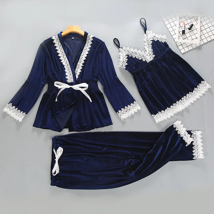 Темно-синий велюровый зимний женский топ с ремнем из 4 предметов, штаны, пижамы, комплекты ночных рубашек, Сексуальная Домашняя одежда, кимоно, халат для сна, ночная рубашка