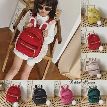 

2020 Newest Hot Toddler Kids Rabbit Ear Gold Velvet Backpack Rucksack Back To School Handbag Outdoor Baby Girl Velvet Bag