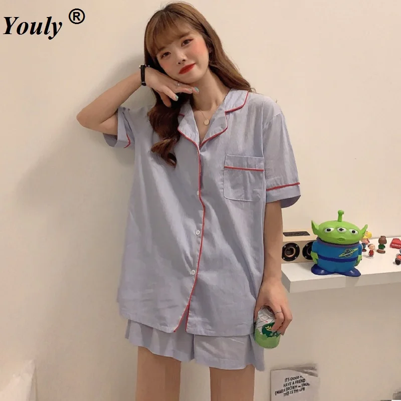 

Linen Cotton Blue Stripe Simple Pajamas Set Basics Homewear Women 2021 Casual Loose Summer Shorts Sleepwear Set Pijamas Suits