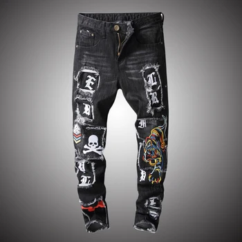 

Streetwear Hip Hop Jeans Men Skull Tiger Embroidery Denim Pants Slim Fit Casual Hole Ripped Jeans Embroidered Male Clothes BP008