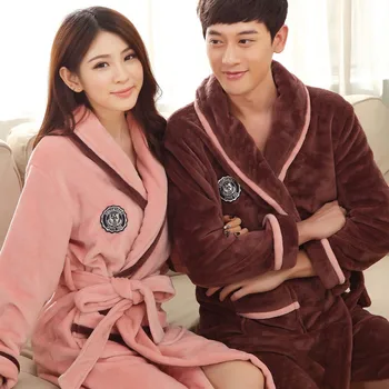 

Winter Thicken Flannel Lovers Robe Kimono Gown Casual Soft Bathrobe Gown Sleepwear Solid Warm Coral Fleece Nightdress Homewear