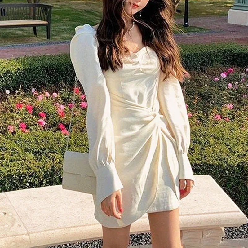 

2021 Summer Long Sleeve Mini Dress Women Square Collar Elegant Vintage Dress Sexy Evening Party White Dress Females Korean Style