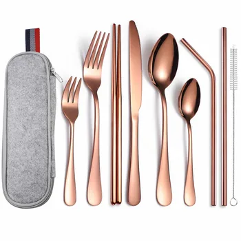 

Portable Cutlery Set Travel Tableware Set Stainless Steel Dinnerware Set with Bag Fork Spoons Knives 9 Piece Cutlery Set Outdoor