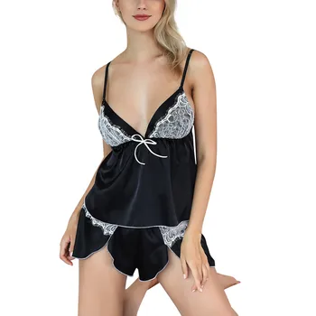 

silk pijama feminino Women Lace Splice Sexy Pajamas Bowknot Camisole Lingerie Nightdress Underwear Shorts Suit pijama mujer seda