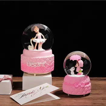 

Crystal Ball Music Box Pink Girl Star Moon Rainbow Glowing Snowflakes Music Box Home Decoration Desktop Ornament