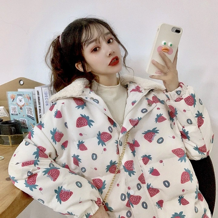 Woherb Women's Harajuku Parkas Kawaii Jacket Strawberry Print Winter Padded Coats Women Japanese Fashion Outwear Loose Coat