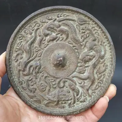 

Exquisite Antique Pure Copper Mirror Ornament, 4 Mythical Beasts, Bronze