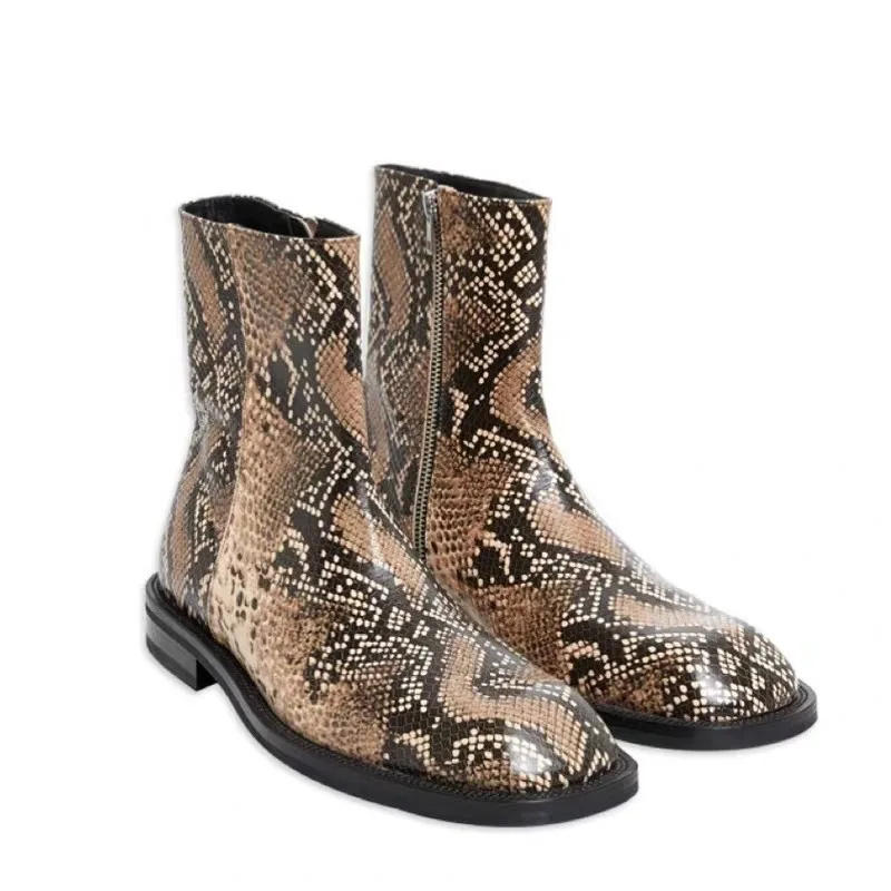 

2019 Snake Print Square Toe Ankle Boots Women Western Chunky Heel Chelsea Combat Boots For Women Winter Python Martin Boots