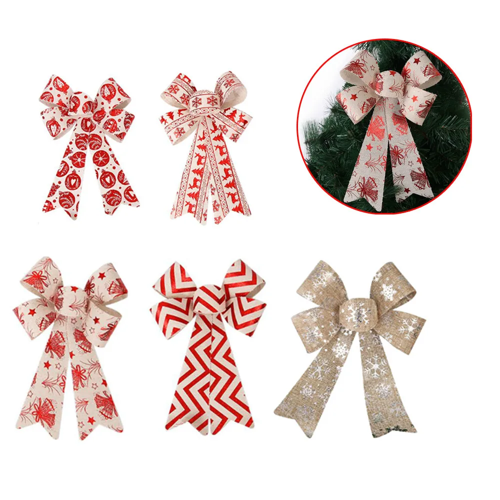 25cm Christmas Bows Large Hanging Decorations Striped Printed Linen Bowknot Tree Ornaments New Year Navidad Decor | Дом и сад