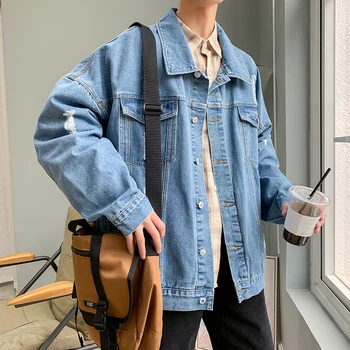 

Autumn New Denim Jacket Men's Fashion Washed Solid Color Casual Hole Denim Jacket Man Streetwear Hip Hop Loose Bomber Jacket