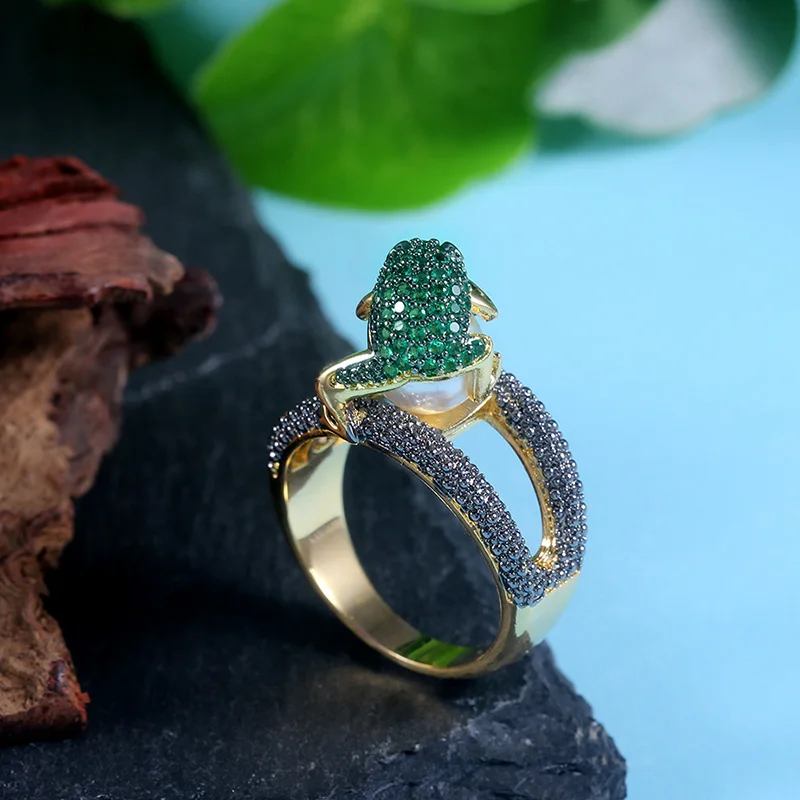 USTAR Новинка жаба лягушка созданная жемчужные кольца для женщин блестящие зеленые фианиты Кристаллы Золотые пальчиковые женские кольца для помолвки Anel подарки