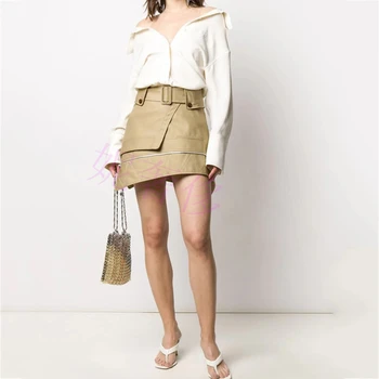 

DEAT 2020 New Summer Fashion Casual Patchwork Button Irregular A Line High Waist Solid Zippers Belt Mini Skirt Women SB347