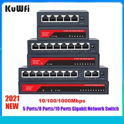Kuwfi interruptor de rede gigabit, 10/100/1000mbps, 5/8/10 portas, rj45, hub lan, desktop, ethernet, para escritório, dormitórios, casa