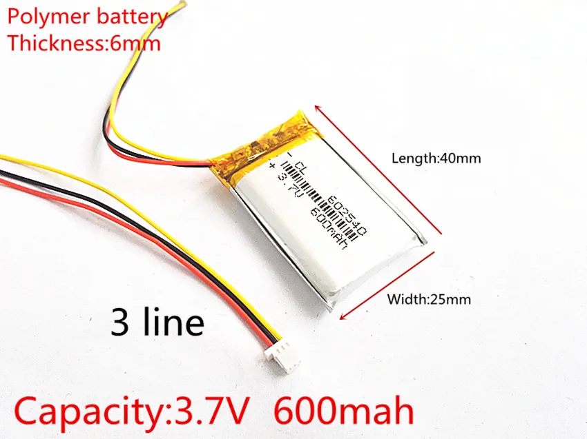 602540 3.7V 2.2wh 600mAh Rechargeable Li-Polymer Li-ion Battery For tachograph mp3MP4 GPS papago DVR 358 062540