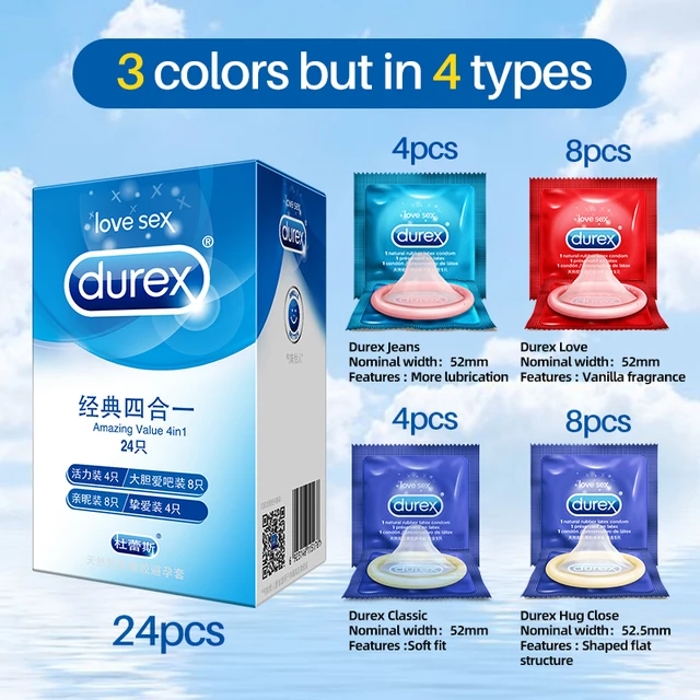 Durex-condones lubricados ultradelgados para hombres, 4 tipos de sensación, productos sexuales, goma Natural, látex, funda para pene 4