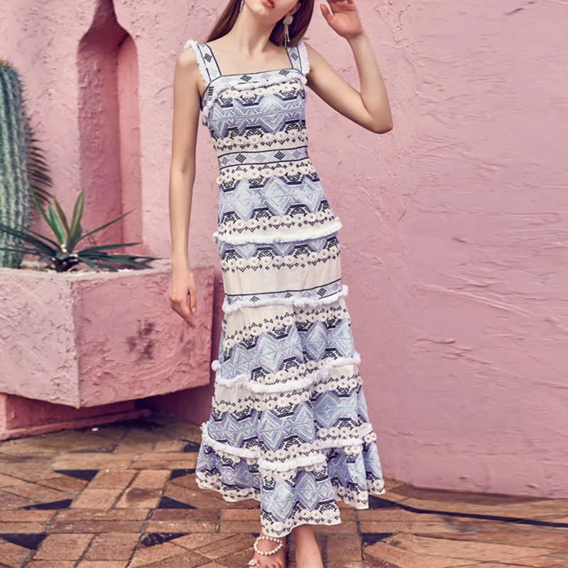 

Summer Dress Women Trend Light Blue Color Tassel High Waist Elegant Long Sling Dress Female