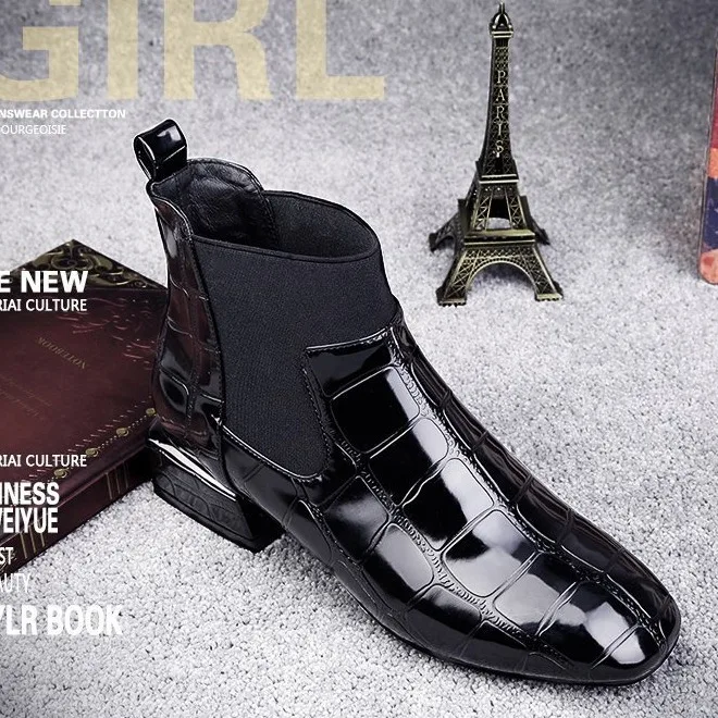 

2019 Chic Women Boots Shiny PU Leather Spring Autumn Shoes Woman Spuare Toe Block Heels Elastic Ankle Boot YYJ81