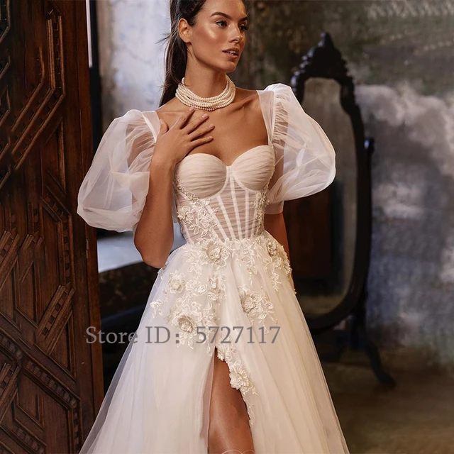 Sexy V-Neck Long Puffy Sleeves Chiffon Beach Wedding Gown Lace