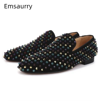 

Black Suede Casual Shoes Man Mixed Color Rivet Decor Round Toe Slip-on Loafers Chic Spring Autumn Flat Dress Shoes Men