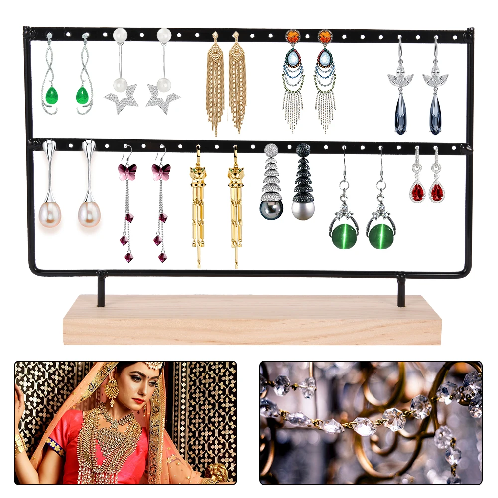 

46 Holes Wood Earrings Organizer Jewelry Holder Necklace Bracelet Rack 2 Layers Jewelry Display Stand Jewelry Packing