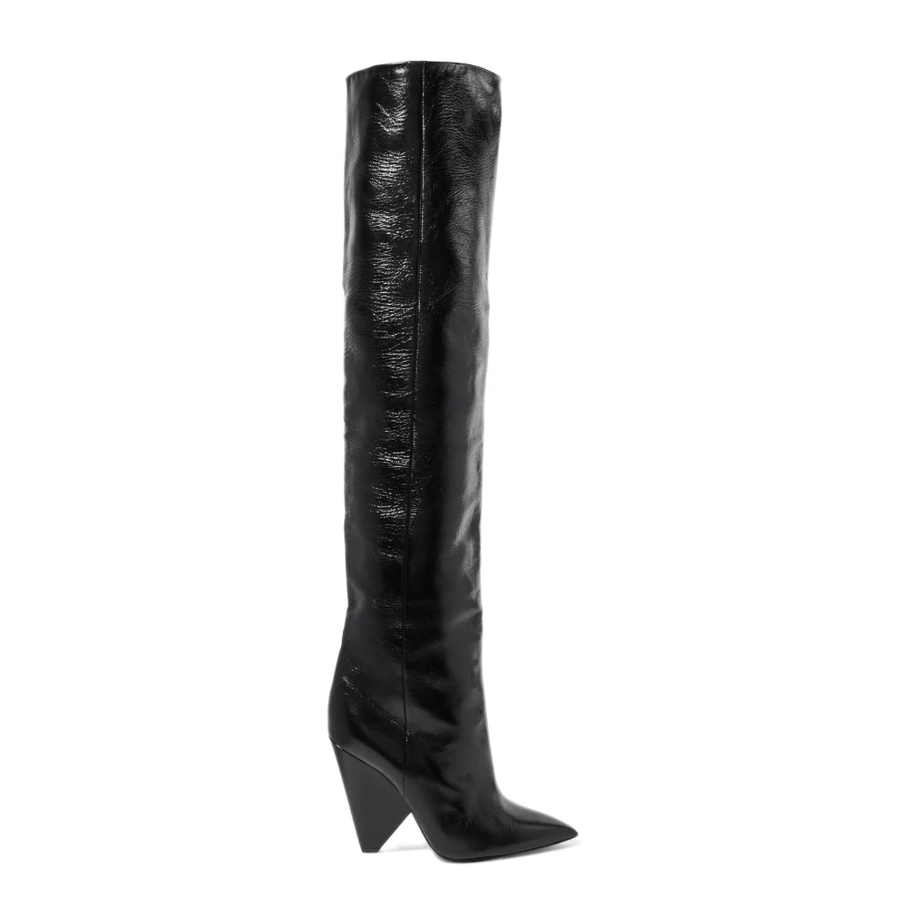 HARAVAL Handmade Woman Winter Knee-high Boot High Quality Sexy Pointed Toe Spike Heel Shoes Solid Fashion Pleated Warm Soft Boot