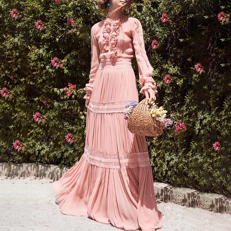 Лоскутное плиссированное платье с оборками для женщин; сезон осень; розовое платье макси с длинным рукавом; женские элегантные вечерние платья трапециевидной формы; Vestidos для женщин