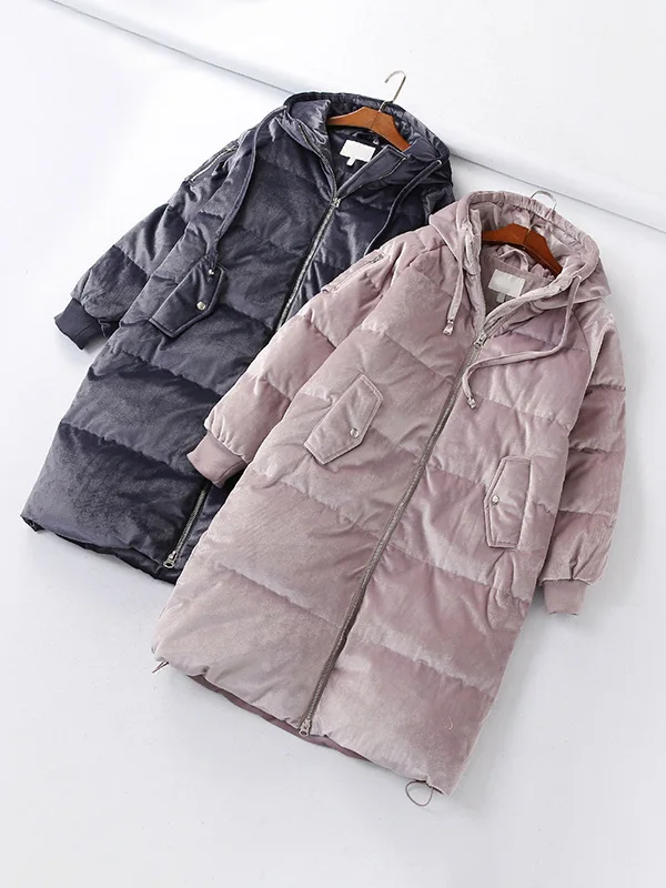 22g24 Female Winter Thick Warm European And American Style Light Perception Velvet Raglan Sleeve Hooded Mid-length Straight-Cut
