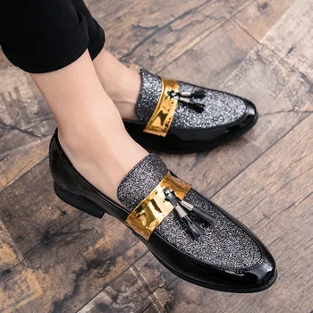 

Man Wedding Party Dress Shoes Men Flat Black Golden Formal Patchwork Shoe PU Leather Casual Loafers Moccasins shoes