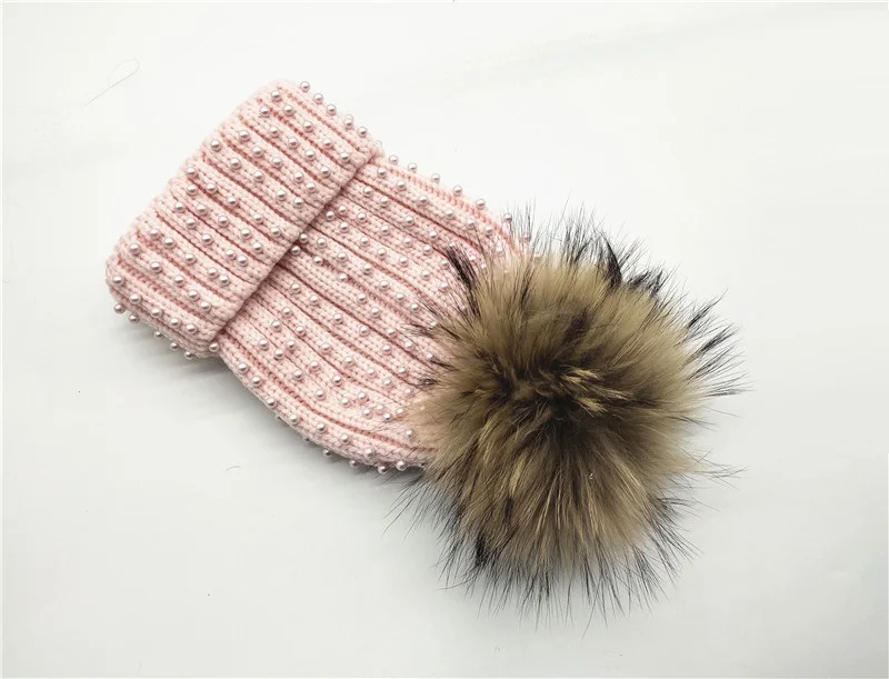 Winter Women's Nature Raccoon Fur Pom Pom Knitted Beanies Rhinestone Beads Pearl Skullies Girls Real Fur Knit Caps  Bonnet Hat 6
