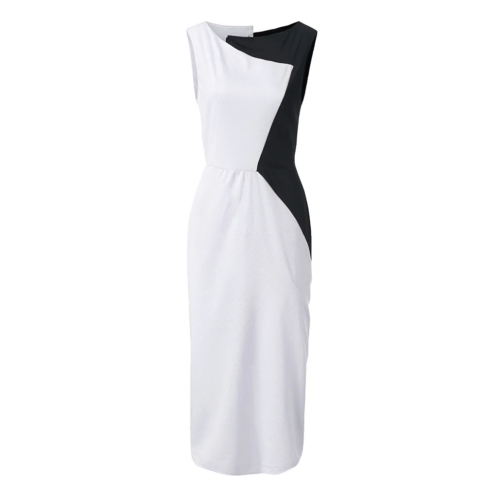 

2019 Womens OL Dress Elegant Bodycon Color Block Patchwork Sleeveless Party Mid-calf Sheath Irregular Dresses Plus Size Vestido
