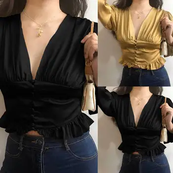 

Celmia Stylish Long Lantern Sleeve Tunic Satin Ruffles Blouse Plus Size Women Tops Ladies Elegant V-neck Shirts Casual OL Blusa