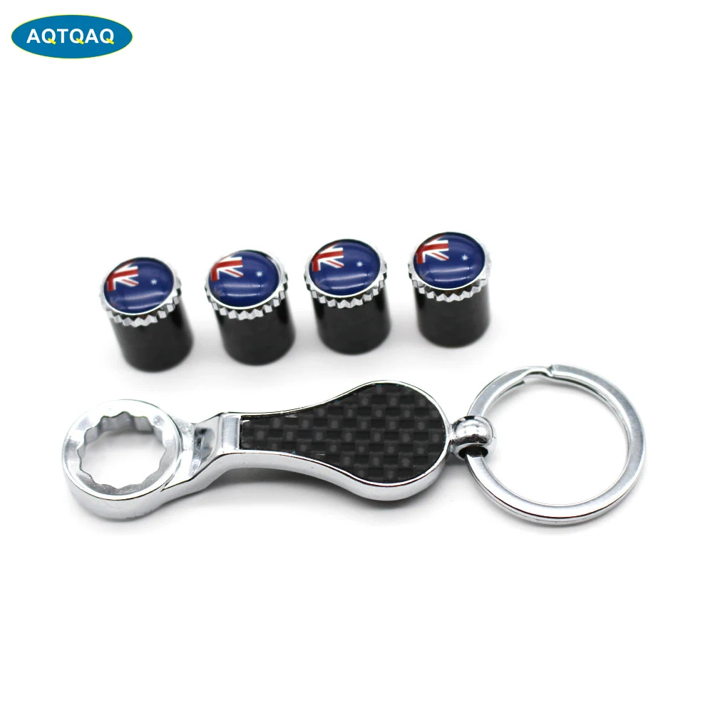 

5Pcs/Set Australia National Flag Emblem Auto Car Wheel Tire Air Valve Caps With Wrench Keychain Carbon Fiber + Copper Stem Dust