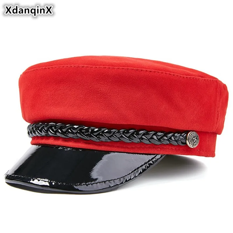 XdanqinX Sheepskin Leather Cap Women's Flat Caps Army Military Hats Elegant Lady Genuine Leather