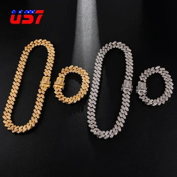 

US7 15mm Iced Out CZ Cuban Link Chain Necklace Gold Silver Color Copper Neckalces for Men Fashion Hip Hop Jewelry