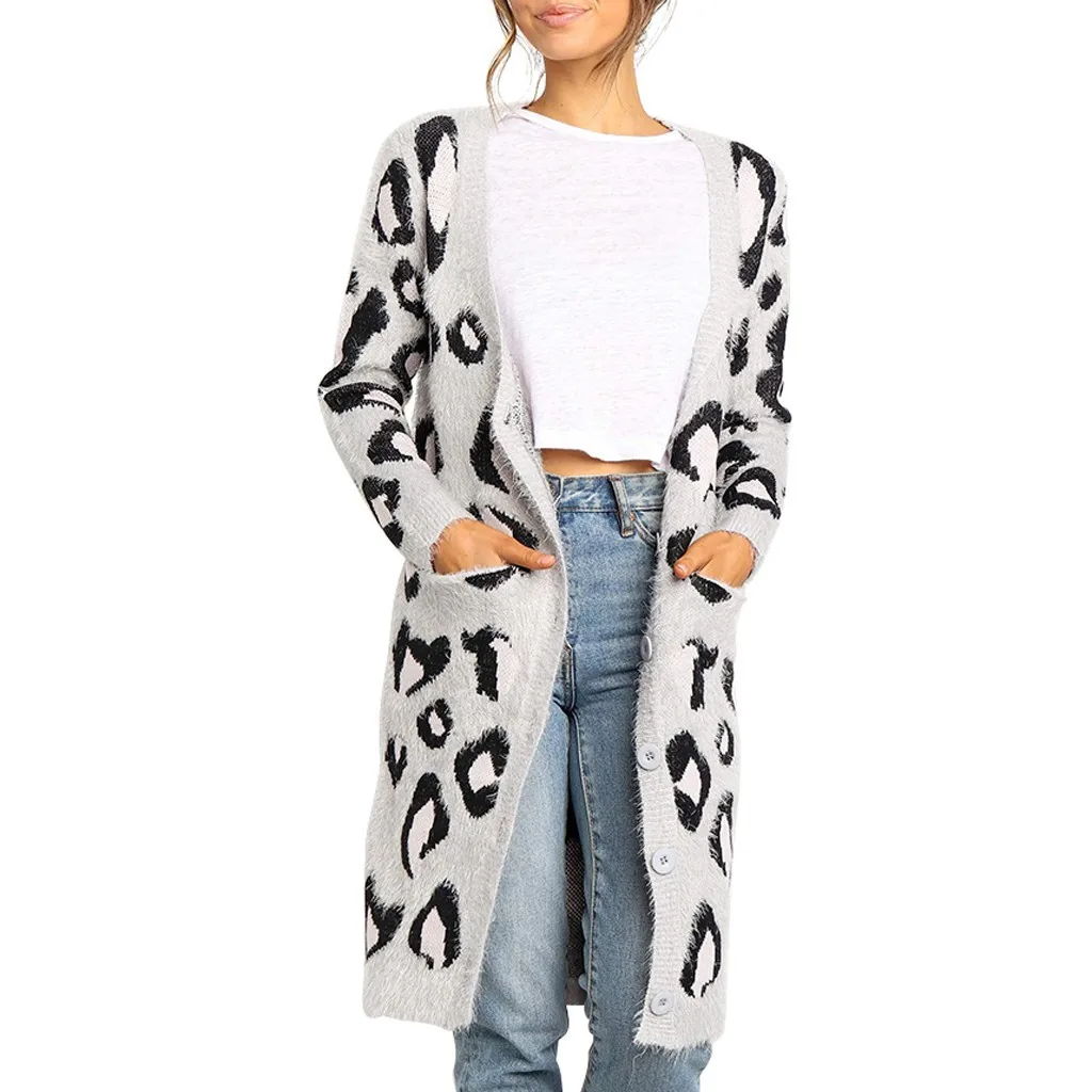 

Plus Size Leopard Print Long Cardigan Women Pocket Button Autumn Winter Long Sleeve Leopard Print Knit Sweater Cardigan