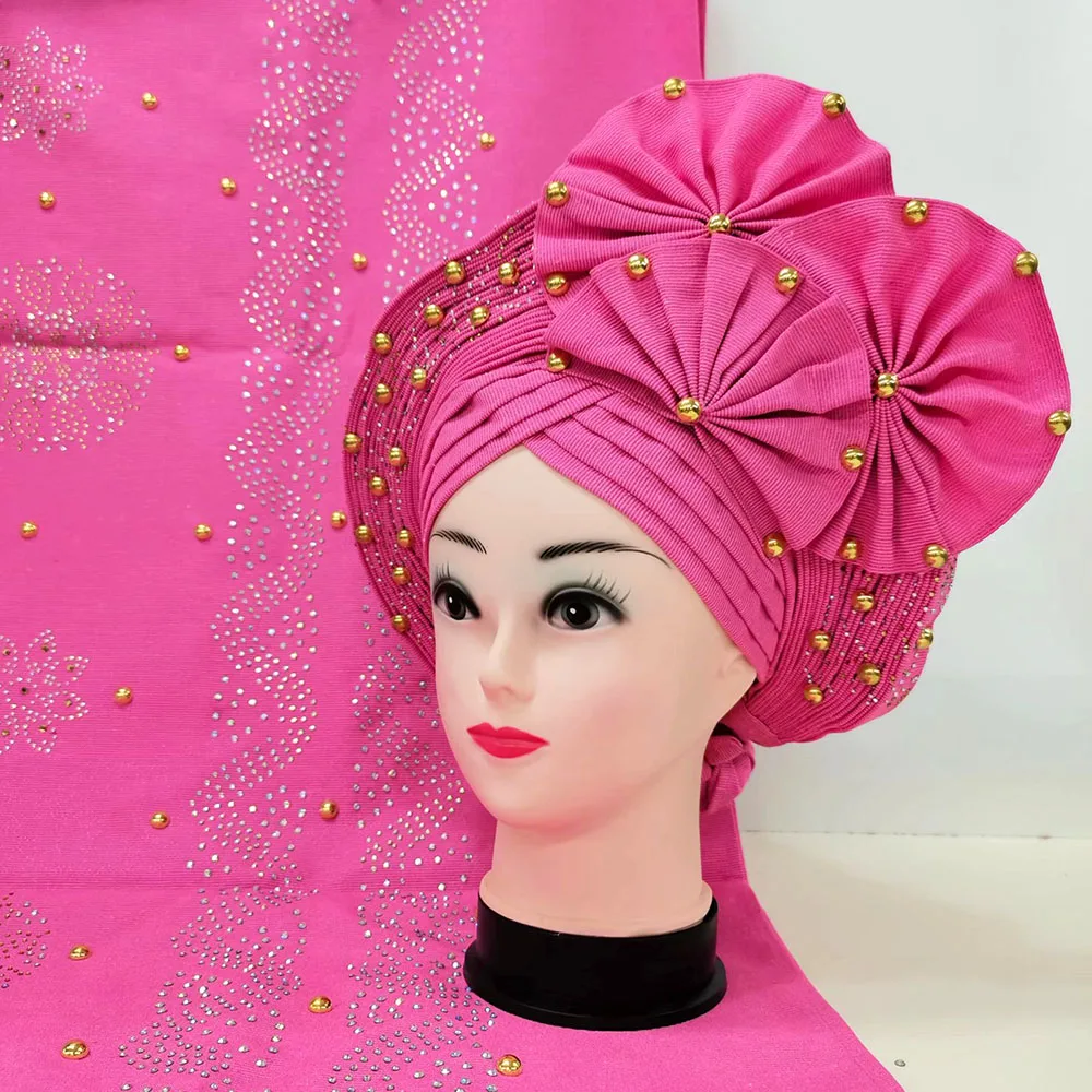 

Bridal Fuchsia Color African Women Aso Oke With Many Stones Nigeria Aso Oke Headtie For Women Party Wedding