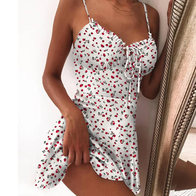 Summer Tie Front V Neck Elegant Sexy Floral Print Mini Dress Women Off Shoulder Ruffle Party Dress Femme Backless A-Line Dresses