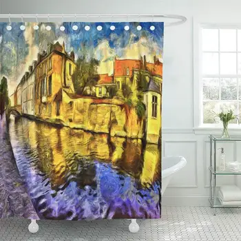 

Bathroom 72"x72" Set Gogh Brugge Canal and Buildings Colorful Oil Painting Van Architecture Arts Belgium Shower Curtain