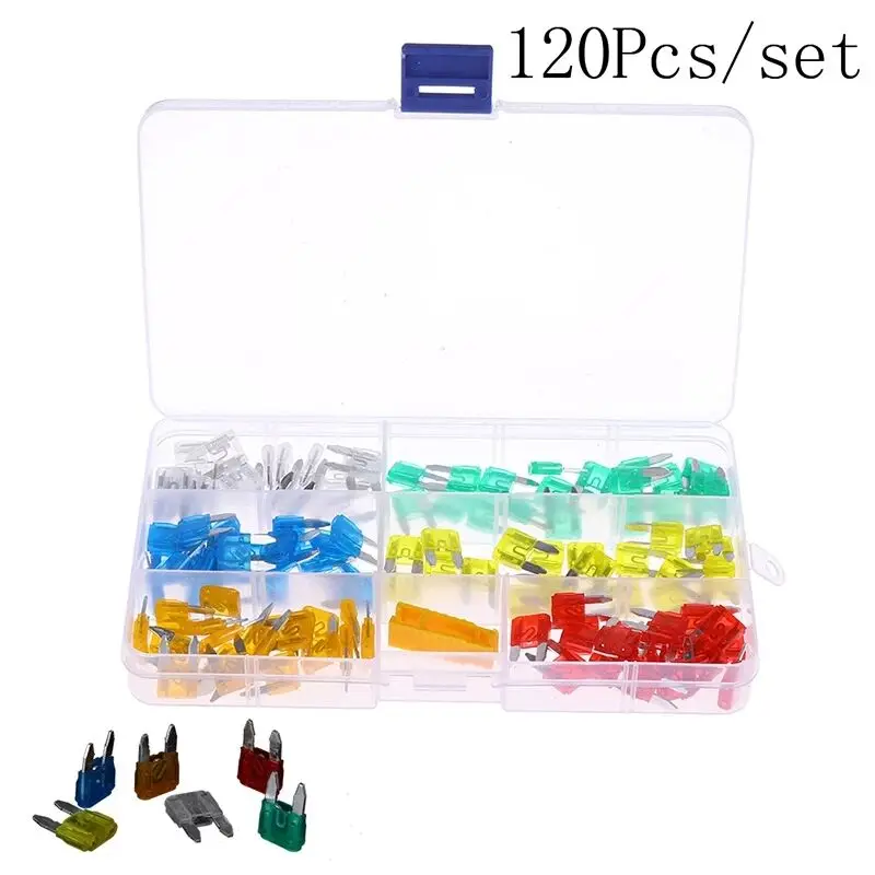 

120Pcs Profile Mini Small Size Blade Car Fuse Assortment Set for Auto Car Truck 5/10/15/20/25/30A Fuse with Plastic Box