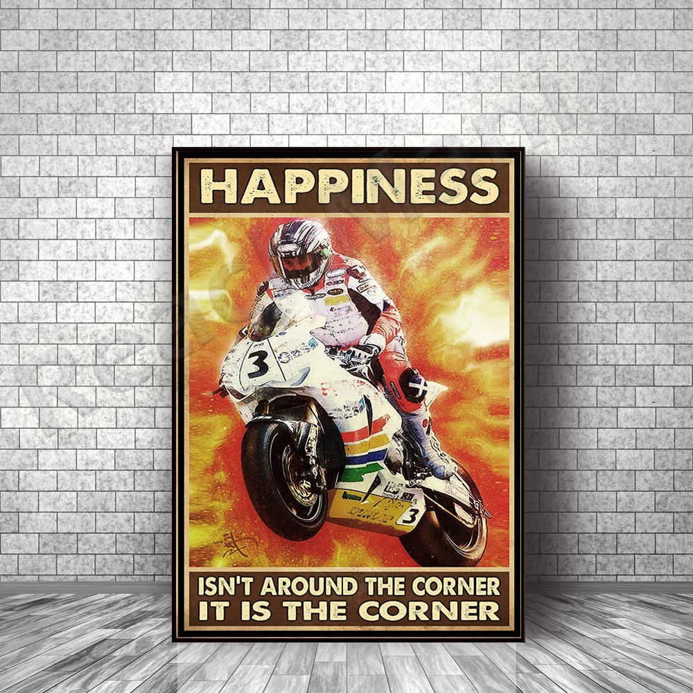 

Happiness is not around the corner, it is a corner poster, retro motorcycle racing poster canvas decoration