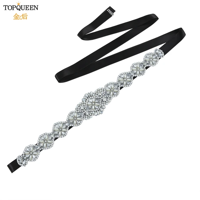 TOPQUEEN S161 Bridal Belts Wedding Women Jewelry Silver Rhinestone Pearl Crystal for Sparkly Party Formal Dress Diamond Sash Black Ribbon