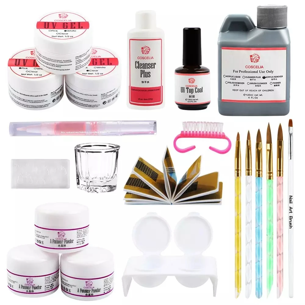 Coscelia UV Gel Acrylic Powder Sets 120ml Brushes Nail Art Tips Base