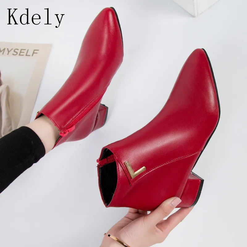 

2019 Fashion Women Boots Casual Leather Low High Heels Spring Shoes Woman Pointed Toe Rubber Ankle Boots Black Red Zapatos Mujer