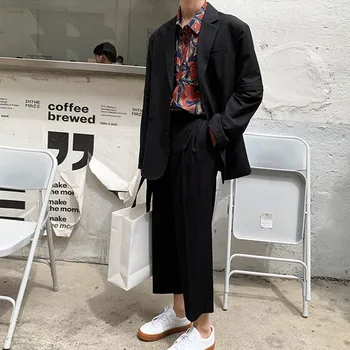 

Male Streetwear Japan Korea Style Loose Casual Suit Blazer Coat Trouser Mem Removable Sleeve 2 Pieces Suits Sets Jacket Pant