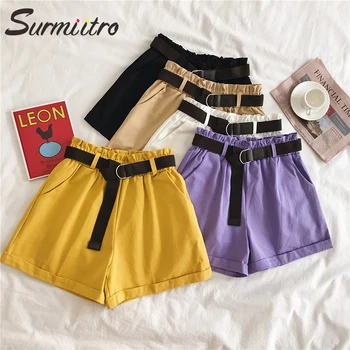 

SURMIITRO 100% Cotton Wide Leg Shorts Women With Belt 2020 Summer White Black Purple Short Pants Femme High Waist Female Shorts