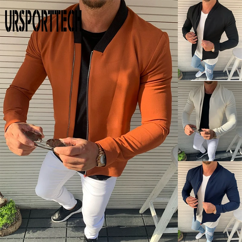 URSPORTTECH демисезонные мужские куртки, однотонные модные пальто на молнии, мужские повседневные приталенные куртки с воротником-стойкой, мужской Бомбер, Мужское пальто